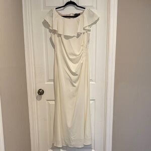 Jessica Howard Ivory Ruffle Neck Midi Dress Size 12 Elegant Formal Wedding Guest